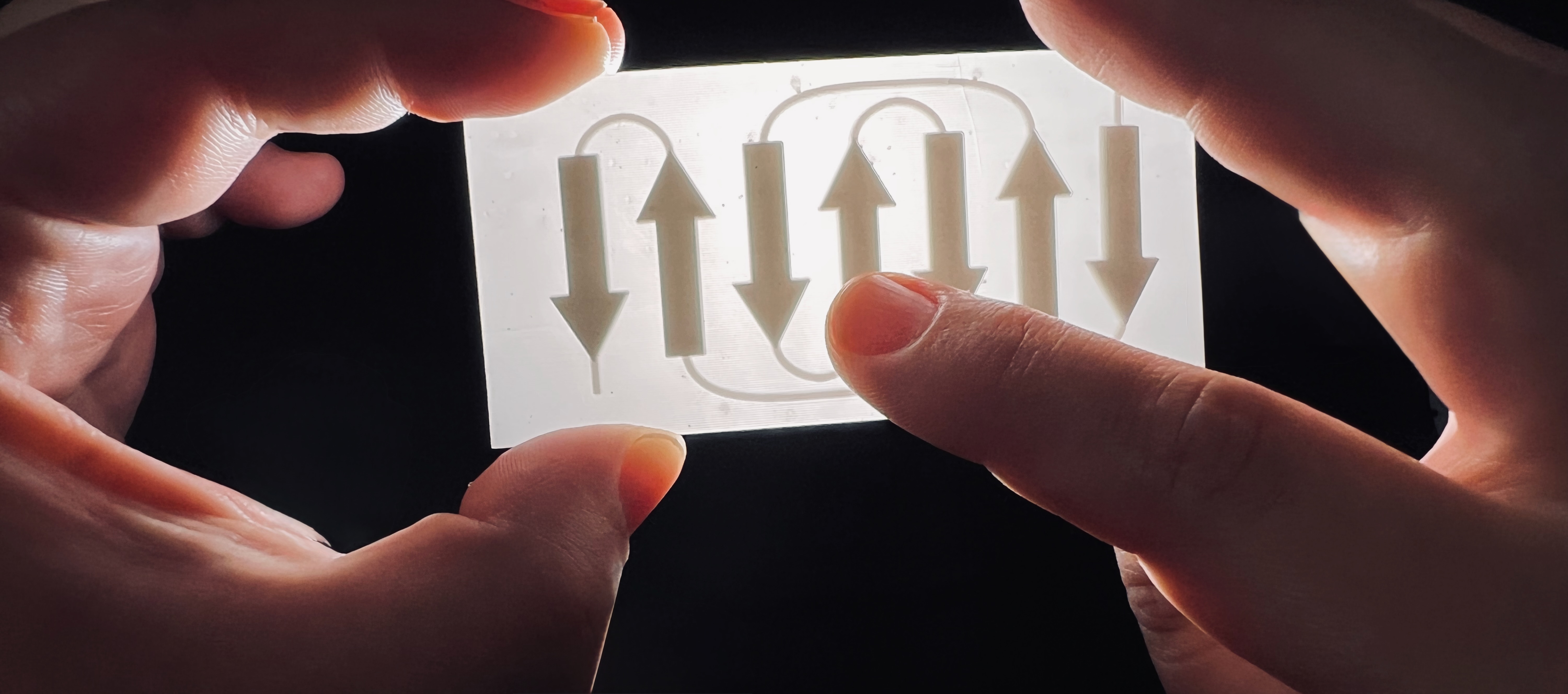 Hands exploring a tactile diagram with raised arrows showing directional flow